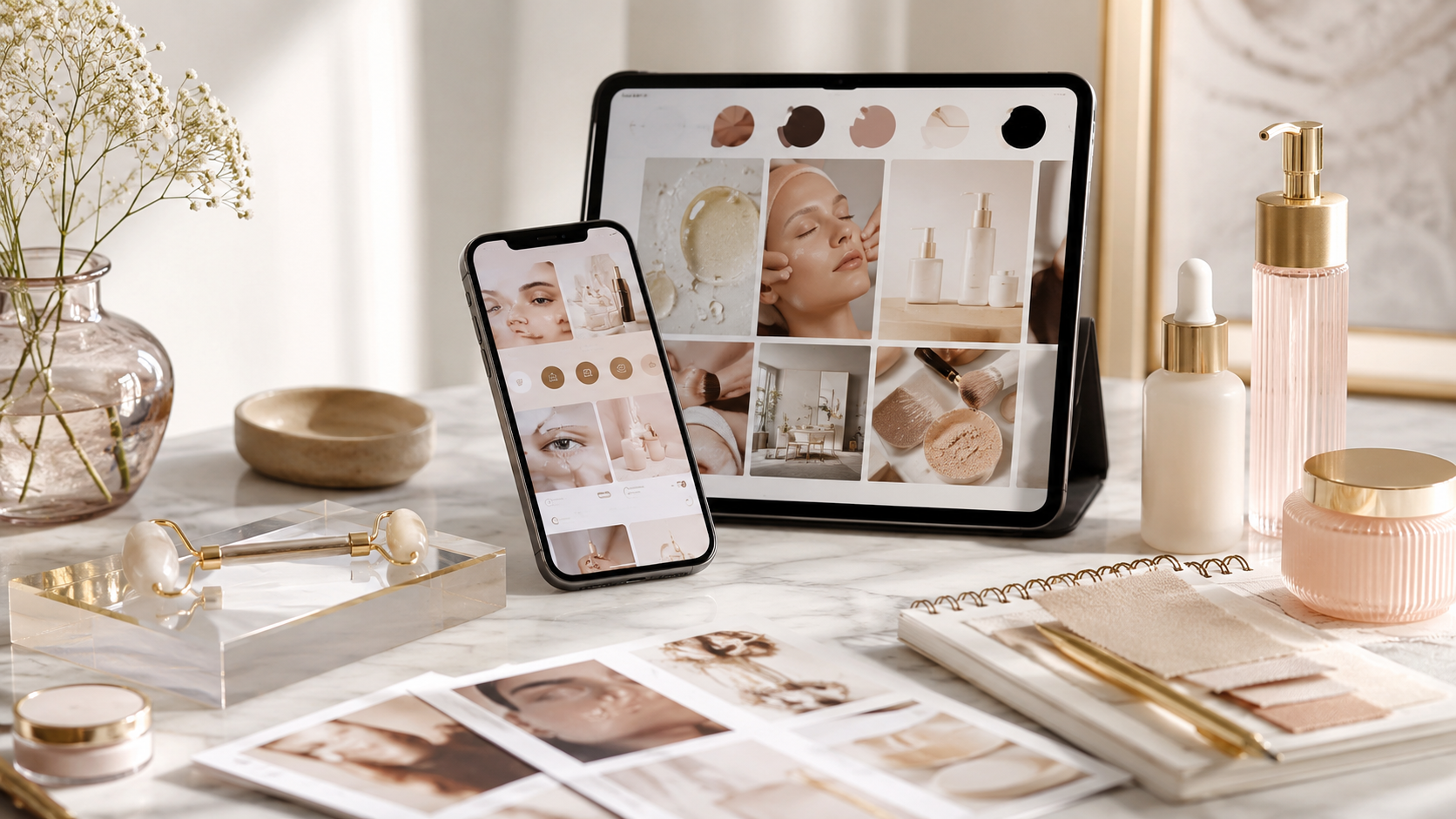 Editorial photoreal cover about beauty platforms and booking comparisons on 24BEAUTE